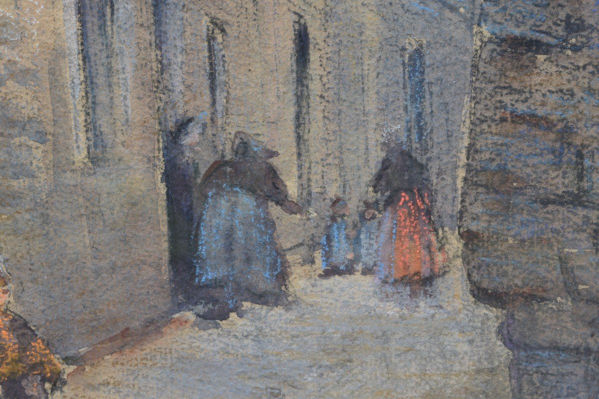 Louise Saint "rue Animée à "pont Labbé"" 1916 Pastel 34x38-photo-2